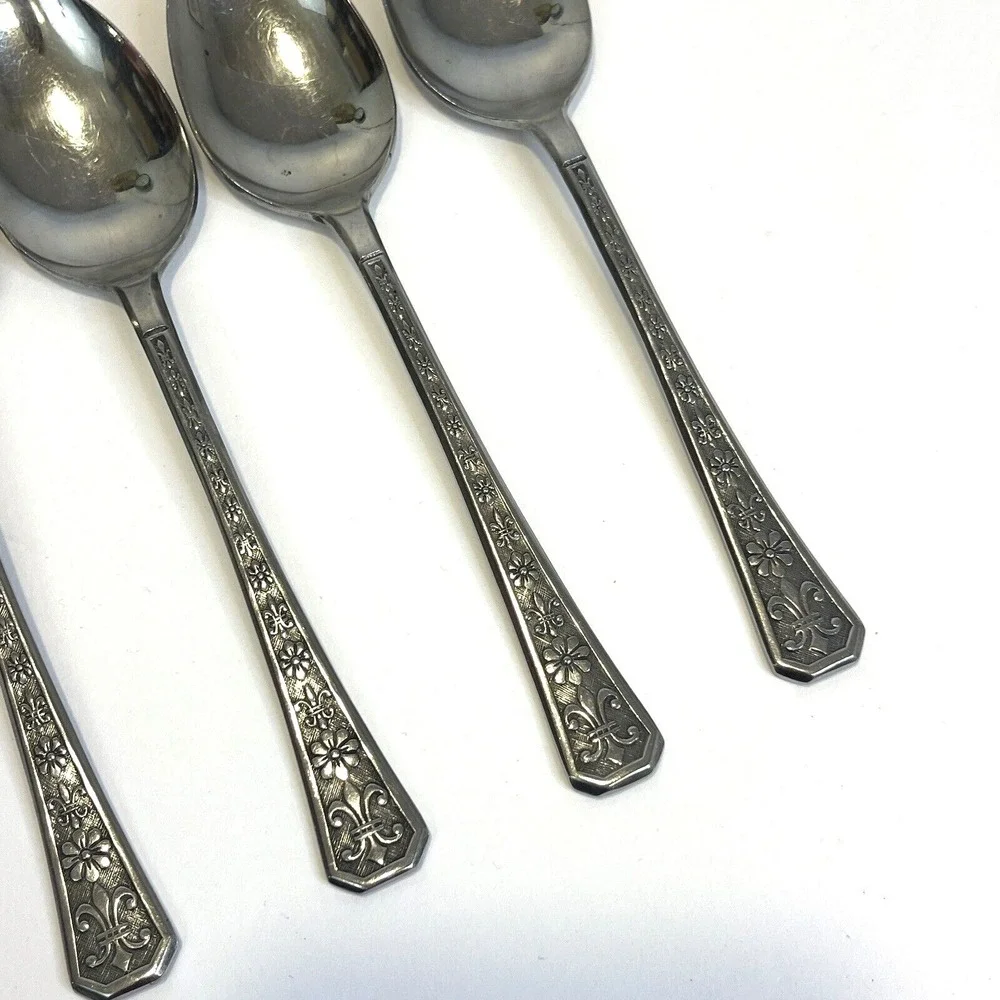 6‎ Florenz Interpur Japan Soup Spoons Stainless 8 Petal Flower 7.25 Inch Vintage